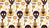 istock Day of the dead seamless pattern. Dia de los Muertos hand drawing repeating texture. Mexican holiday Halloween with sugar skulls background wallpaper or paper. Vector illustration 1340261343