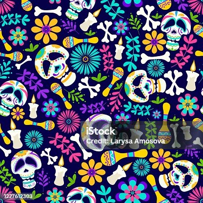 istock Day of the dead seamless pattern with candles, flowers, skeleton etc. Cheerful dia de los muertos card in cartoon style. Mexican holiday Day of the dead sugar skull pattern. Traditional mexican vector illustration 1227612303