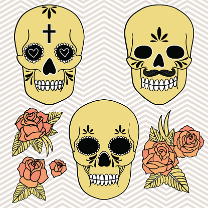 Day of the dead. Set of skulls with roses and leaves. Vector illustration.