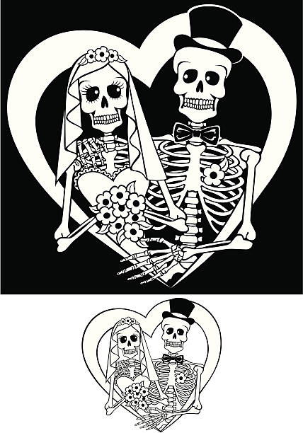 Day of the Dead Wedding celebration Black & White vector illustration of a Mexican religious holiday "Day of the Dead" wedding celebration. Includes ai8.eps & .jpeg file formats. bride stock illustrations
