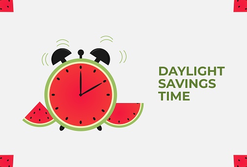 Daylight saving time, 2022 concept. watermelon-themed alarm illustration. The reminder text - set clocks back one hour. Vector illustration