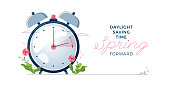 istock Daylight Saving Time banner. The clocks moves forward one hour. Spring clock changes concept. Modern flat design, cartoon vector illustration 1298199554