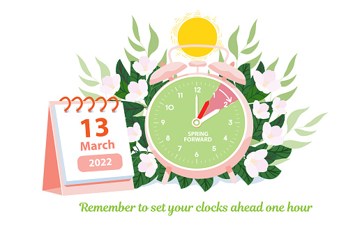 Daylight saving time begins at march 13, 2022 concept. Alarm clock and calendar date
