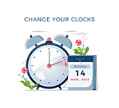 istock Daylight Saving Time begins concept. The clocks moves forward one hour. DST begins in USA. Flat design vector illustration 1297192853
