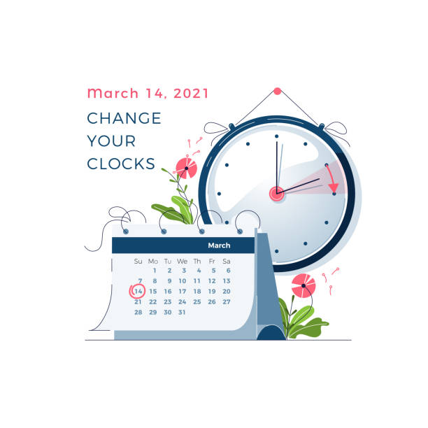Daylight Saving Time begins concept. The clocks moves forward one hour. DST begins in USA, spring clock changes . Flat design vector illustration Daylight Saving Time begins concept. The clocks moves forward one hour. Calendar with marked date. DST begins in USA, spring clock changes for banner, web, emailing. Flat design vector illustration daylight saving time stock illustrations