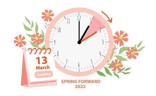 Daylight Saving Time Begins concept. Vector illustration of clock and calendar date