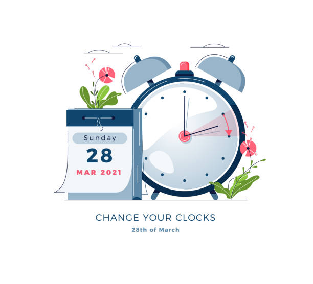 Daylight Saving Time concept. Calendar with marked date, text Change your clocks. Changing the time on the watch to summertime, spring forward, DST begins in Europe flat vector illustration Daylight Saving Time banner. Calendar with marked date, text Change your clocks. Changing the time on the watch to summertime, spring forward, DST begins in Europe concept. Flat vector illustration daylight saving time stock illustrations