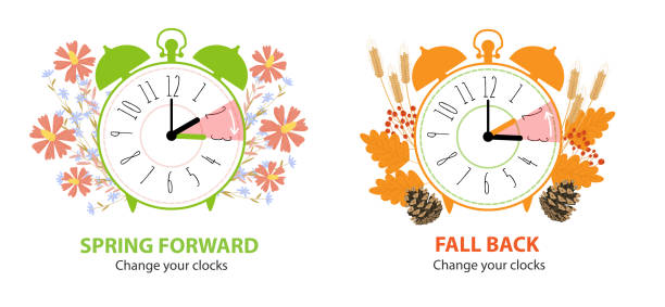 Daylight Saving Time concept set. Alarm clocks with fall back time and spring forward Daylight Saving Time concept. Set of alarm clocks with fall back time and spring forward. Clocks turning to summer and winter time with autumn and spring decoration. Flat vector cartoon illustration. daylight saving time stock illustrations