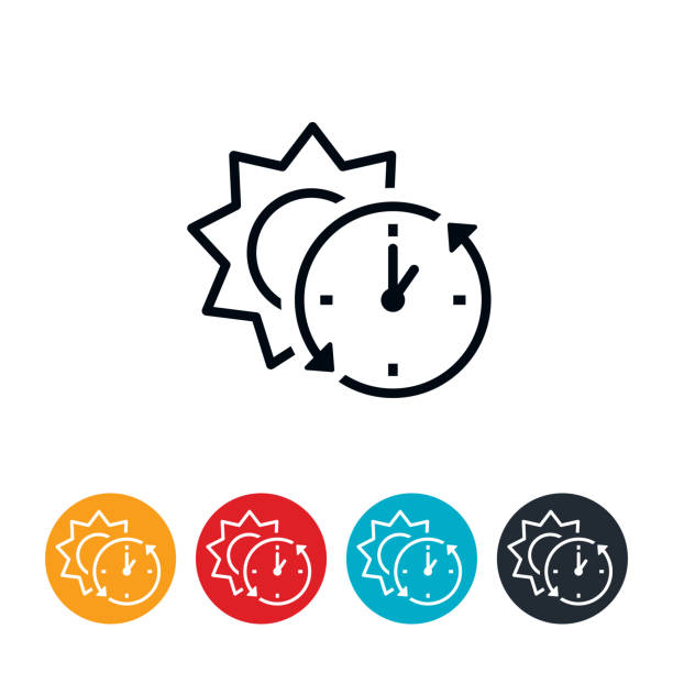 Daylight Saving Time End Icon An icon of a clock and sun. The icon represents daylight saving time ending and represents daylight standard time. During this time clocks fall back one hour. daylight saving time stock illustrations