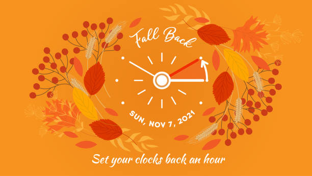 Daylight Saving Time ends banner. Turning clocks with november date Daylight Saving Time ends banner. Changing the time on the watch to winter time, fall backward concept. Set clocks back with date of november 7, 2021 on autumn foliage background. Vector illustration daylight savings time 2021 stock illustrations