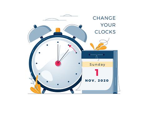 Daylight Saving Time ends concept. The hand of the clocks turning to winter time. Calendar with marked date, text Change your clocks. DST ends in usa, vector illustration in modern flat style design