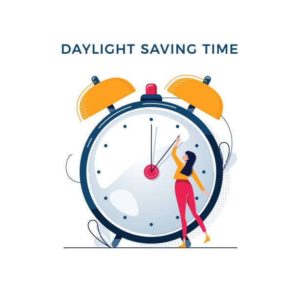 Daylight saving time illustration. Young woman turns the hand of the clock. Turning to winter or summer time, alarm clock vector design. Character in modern flat style for your tiny people concept Daylight saving time illustration. Young woman turns the hand of the clock. Turning to winter or summer time, alarm clock vector design. Character in modern flat art style for your tiny people concept daylight saving time stock illustrations