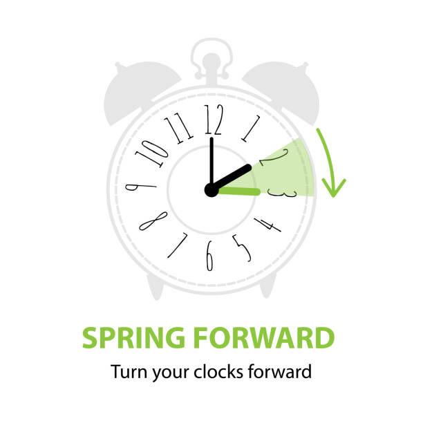 Daylight saving time. Spring forward concept with schedule to set your clocks forward Daylight saving time. Spring forward concept with graphic alarm clock and schedule to set the clocks forward one hour in the spring. Vector illustration isolated on white daylight saving time stock illustrations