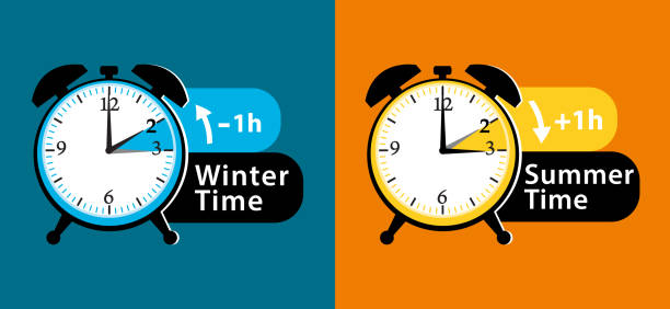 Daylight saving time. Summer time and winter time alarm clocks set. Colorful vector illustration. Daylight saving time. Summer time and winter time alarm clocks set. Colorful vector illustration. daylight saving time stock illustrations