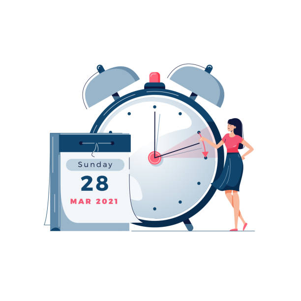 Daylight saving time vector illustration. Woman pushes the clocks forward by an hour, as daylight-saving time begins. Turning to summer time concept. Flat style Daylight saving time vector illustration. Woman pushes the clocks forward by an hour, as daylight-saving time begins. Calendar, alarm clock image. Turning to summer time concept for banner. Flat style daylight saving time stock illustrations