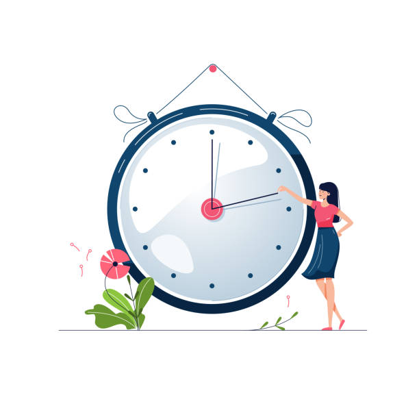 Daylight saving time vector illustration. Woman turns the hand of the clock forward by an hour. Turning to summer time, spring clock changes concept. Flat style Daylight saving time vector illustration. Woman turns the hand of the clock forward by an hour. Floral decoration with pink flowers. Turning to summer time, spring clock changes concept. Flat style daylight saving time stock illustrations