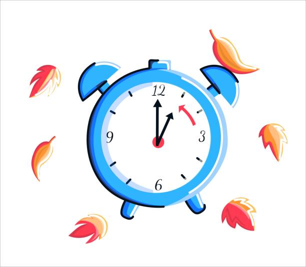 Daylights saving time Daylight saving time fall back concept. Cartoon clock  with red autumn leaves. Vector flat illustration daylight savings 2021 stock illustrations