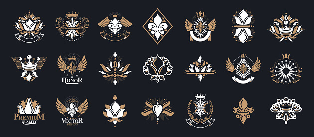 De Lis vintage heraldic emblems vector big set, antique heraldry symbolic badges and awards collection with lily flower symbol, classic style design elements, family emblems.