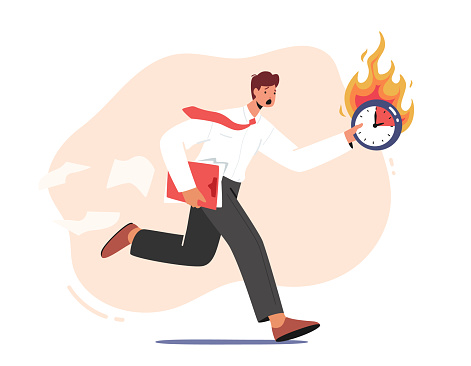 Deadline, Lack of Time, Work Productivity, Business Working Process Organization Concept. Anxious Businessman Character Run with Document Folder and Burning Clock in Hands. Cartoon Vector Illustration