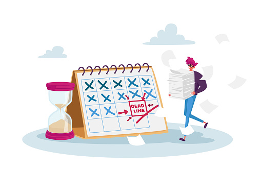 Deadline, Time Management in Business. Tiny Stressed Businessman Character with Documents Pile at Huge Calendar Schedule