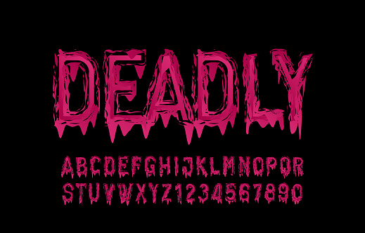 Deadly alphabet font. Blood messy letters and numbers.