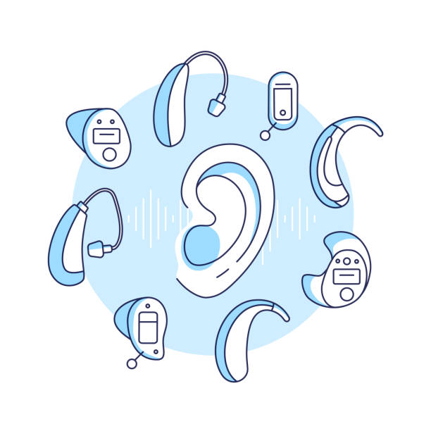 Deafness concept.Different types of hearing aids by size, type.Linear vector illustration in flat style. Deafness concept.Choosing a hearing aid for deaf people.Different types of hearing aids by size, type.Linear vector illustration of human ear and icons in flat style.Design for banner,ads and websites hearing aid stock illustrations