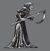 Death or Grim Reaper - Skeleton with Sickle. Pen and ink style illustration of Death or Grim Reaper - Skeleton with Sickle. Check out my "Skulls, Skeletons & Scary" light box for more.