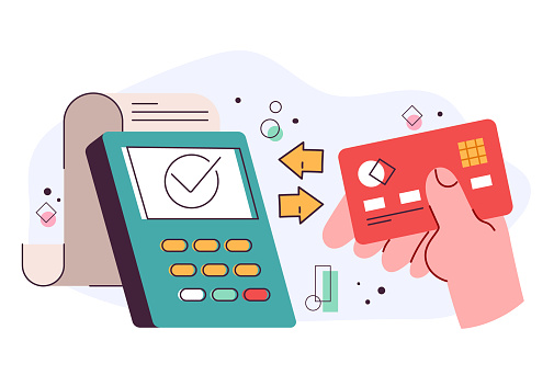 Debit credit card connecting with electronic terminal reader.  Contactless payment and paying purchasing concept. Vector flat graphic design illustration