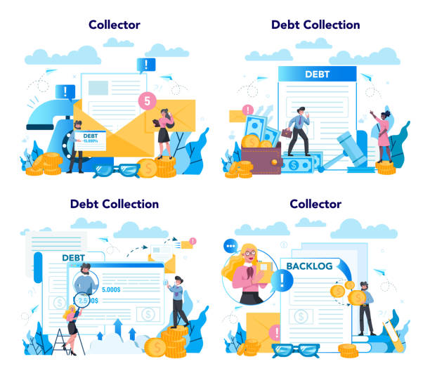 Debt collector concept set. Pursuing payment of debt owed by person or businesses Debt collector concept set. Pursuing payment of debt owed by person or businesses company. Collecting agency looking for people who doesn't pay bills. Vector illustration in cartoon style collection stock illustrations