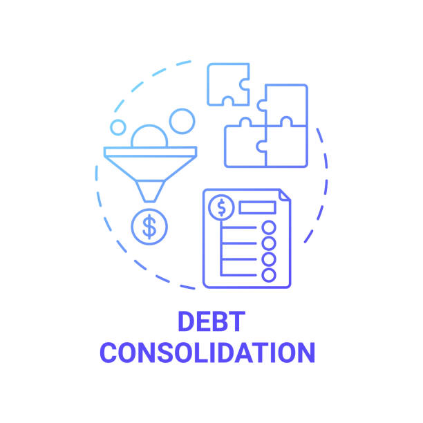 Debt consolidation concept icon Debt consolidation concept icon. Mortgage refinance benefit idea thin line illustration. Single payment. Several unsecured debts combination. Second mortgage. Vector isolated outline RGB color drawing Debt Consolidation stock illustrations