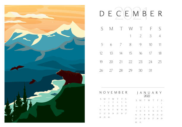 December 2012 Scenic Landscape Calendar pad rocky mountains and lake with bear Vector illustration of a modern calendar design for the month of Dec. Shows previous month and next month at bottom. Includes beautiful scenic landscape. Fully editable and printable. Includes high resolution jpg and vector eps in download. Print ready. Royalty free. brown bear stock illustrations