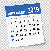 December 2019 calendar isolated on a blank background. Need another version, another month, another year... Check my portfolio. Vector Illustration (EPS10, well layered and grouped). Easy to edit, manipulate, resize or colorize. Please do not hesitate to contact me if you have any questions, or need to customise the illustration. http://www.istockphoto.com/portfolio/bgblue