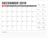 December 2019 desk calendar vector illustration, simple and clean design.