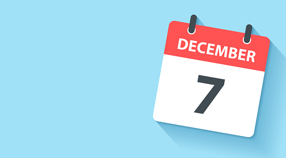 December 7. Calendar Icon with long shadow in a Flat Design style. Daily calendar isolated on a wide blue background. Horizontal composition with copy space. Vector Illustration (EPS10, well layered and grouped). Easy to edit, manipulate, resize or colorize. Vector and Jpeg file in different sizes.