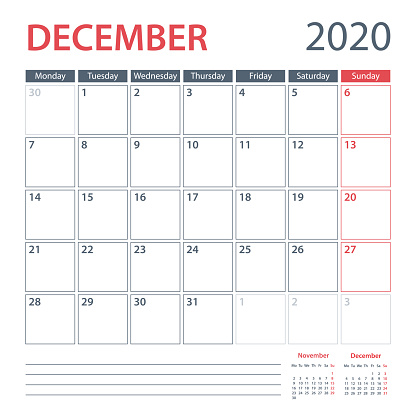 2020 December Calendar Planner Vector Template. Week starts Monday