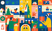 Vibrant flat vector illustration showing how to have a great and also safe December holidays – different year because of COVID-19. Represented themes: family talking with grandparent using video call, buying presents by online shopping, decorating home, staying at home, enjoying special food and drink, giving and receiving gifts, including pets into festive spirit, making handmade greeting cards, making selfies and listening and playing Christmas songs.