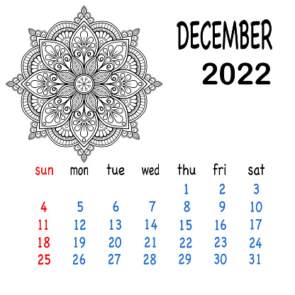 December monthly calendar in design with mandala for the year 2022. Calendar mandala coloring template with hand drawn mandala design.