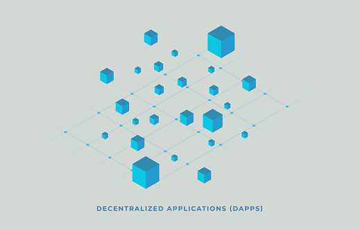 Decentralized Application Dapps concept. Blockchain technology fintech Open-source software and Smart Contract concept on ethereum cryptocurrency. isometric flat vector icon