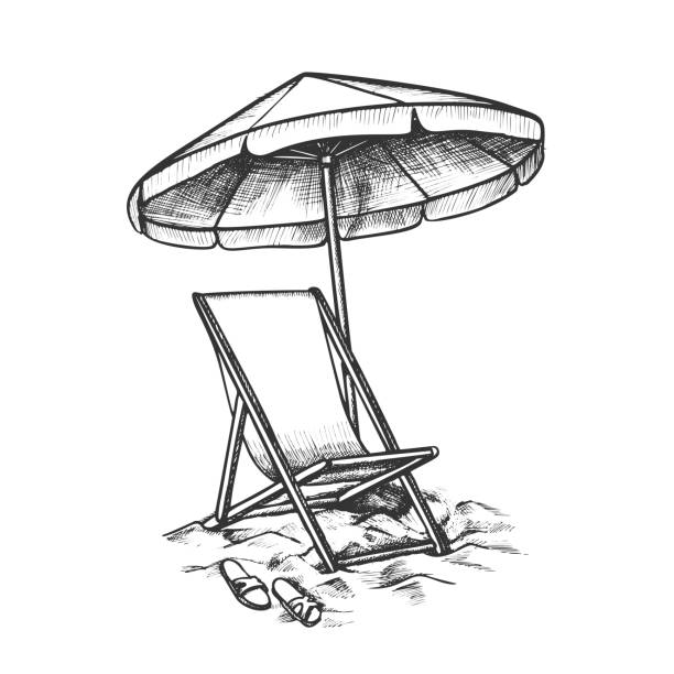 liegestuhl mit regenschirm und hausschuhe tinte vektor - liegestuhl stock-grafiken, -clipart, -cartoons und -symbole