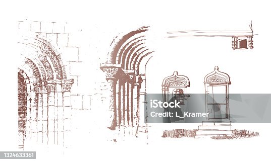 istock Decor Elements of the antique door frame and window architrave in the old Russian and Byzantine architectural style. Brown colored traced doodle ink and pen sketch drawing 1324633361
