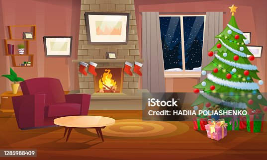 istock Decorated Christmas room. Winter holiday interior with armchair near fireplace and Christmas tree. Fireplace and garlands, holidays, home, interior. Cozy house with a chimney fire. Vector illustration 1285988409