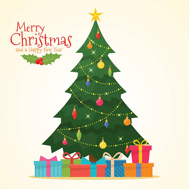 Decorated christmas tree with gift boxes Decorated christmas tree with gift boxes, star, lights, decoration balls and lamps. Merry Christmas and a happy new year. Flat style vector illustration. light through trees stock illustrations