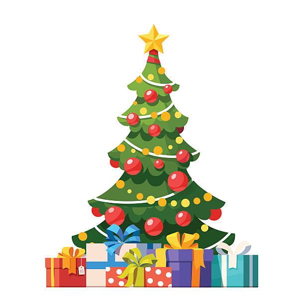 geschmückter weihnachtsbaum mit vielen geschenkboxen - christmas tree stock-grafiken, -clipart, -cartoons und -symbole