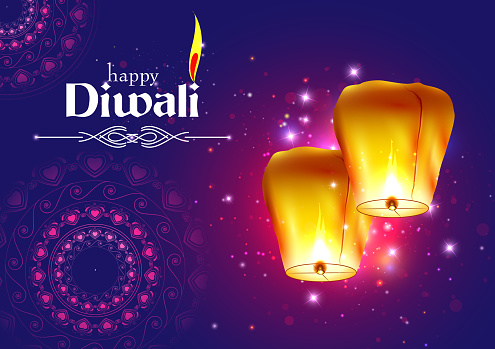Decorated Floating sky lamp for Happy Diwali festival holiday celebration of India greeting background