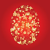 Easter egg decorated with gold little spring illustrations such as leaves, flowers, birds and butterflies on red background, vector illustration
