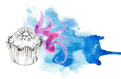 Decorated muffin on watercolor background