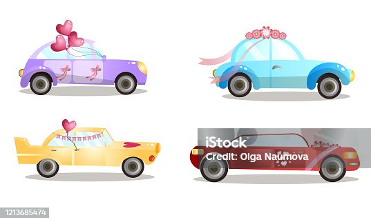 istock Decorated wedding procession cars with balloons and flowers vector illustration 1213685474