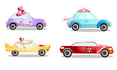 istock Decorated wedding procession cars with balloons and flowers vector illustration 1213685474
