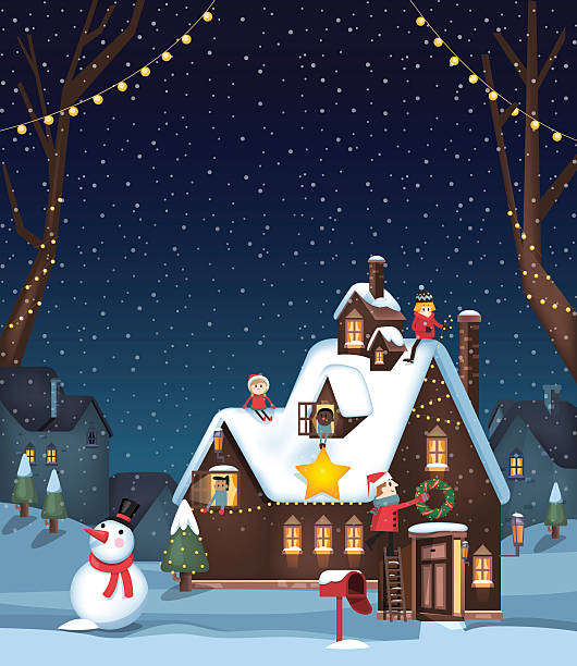 stockillustraties, clipart, cartoons en iconen met decorating a winter house for christmas - vrouw kerstboom versieren
