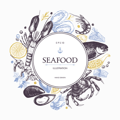 Decorative card or flyer design with sea food sketch.